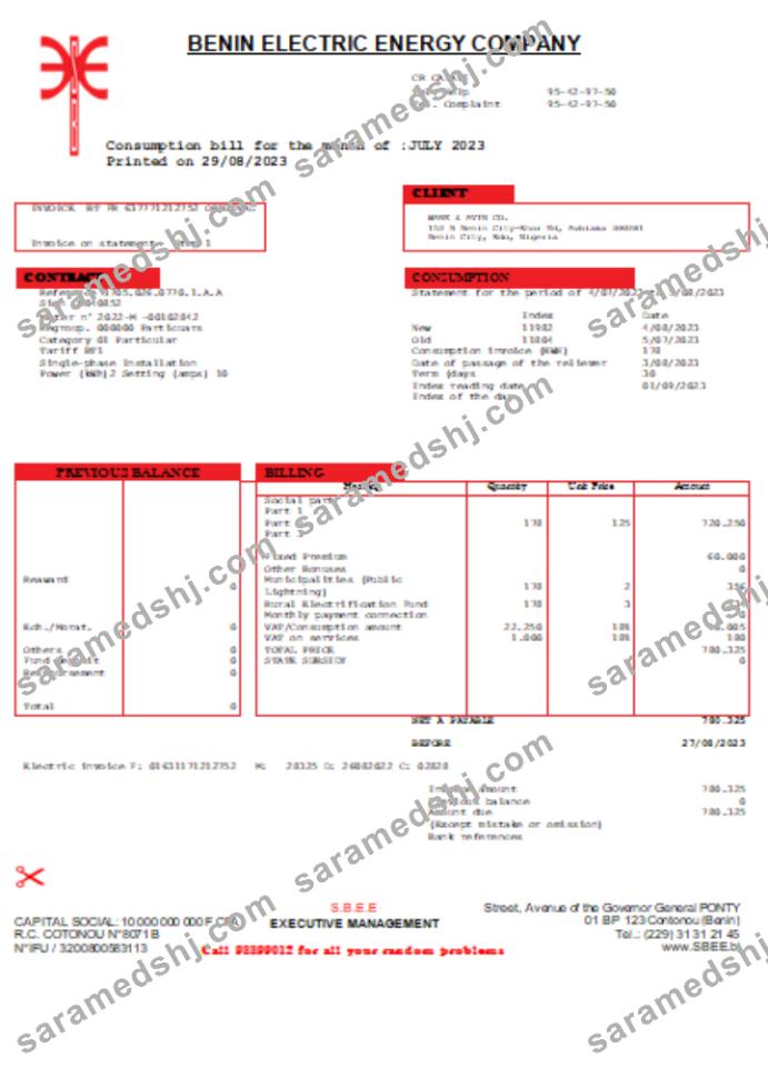 Benin Electricity Distribution Company Plc. utility business bill SCR